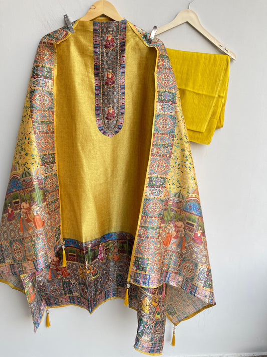 Mughal art inspired silk unstitched ladies suit Rc18431