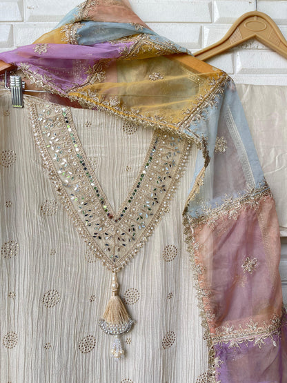 Crushed tissue silk unstitched ladies suit Rc17720