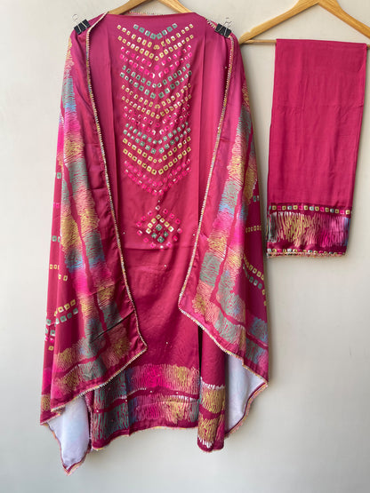 Ikkat Printed Mul Chanderi Unstitched Dress Material Set