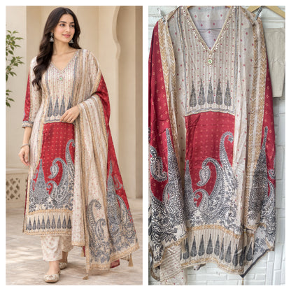 Premium Shimmer Silk Unstitched Designer Suit Set