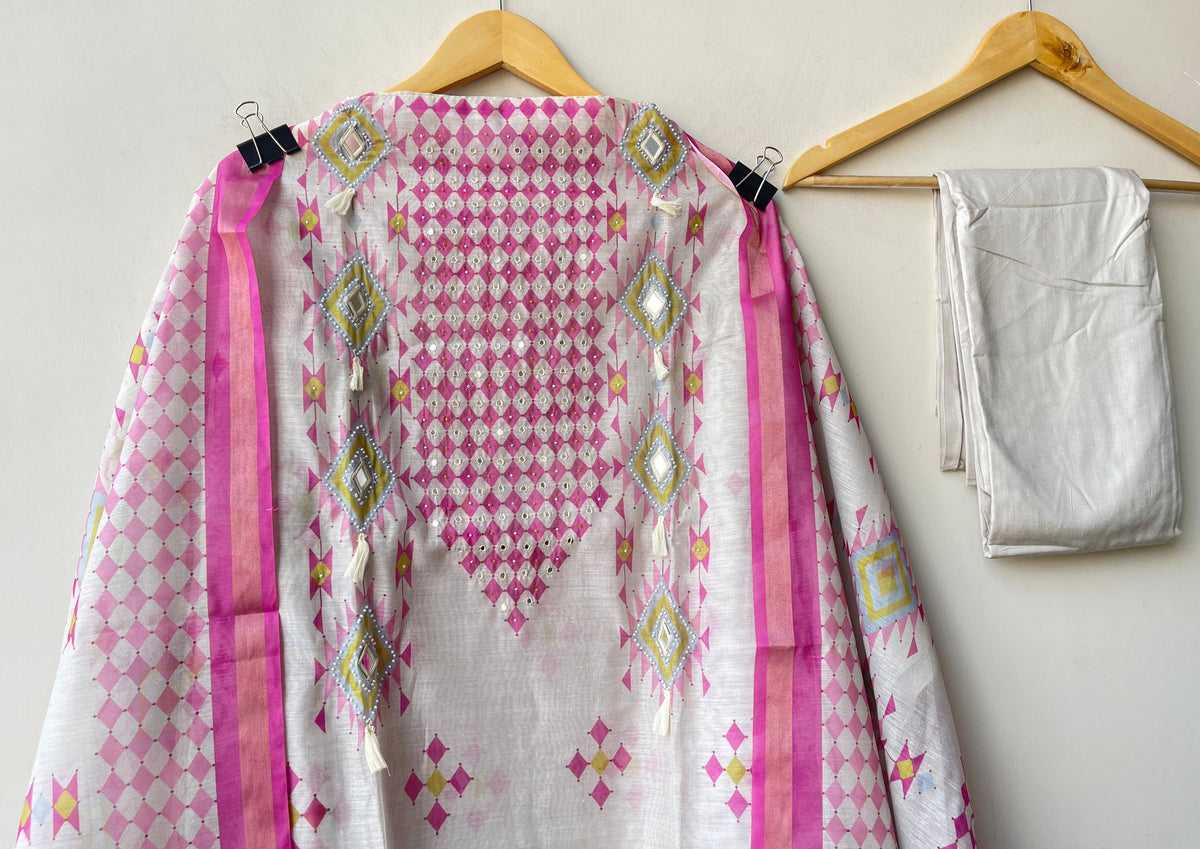 Mul chanderi printed ladies unstitched suit