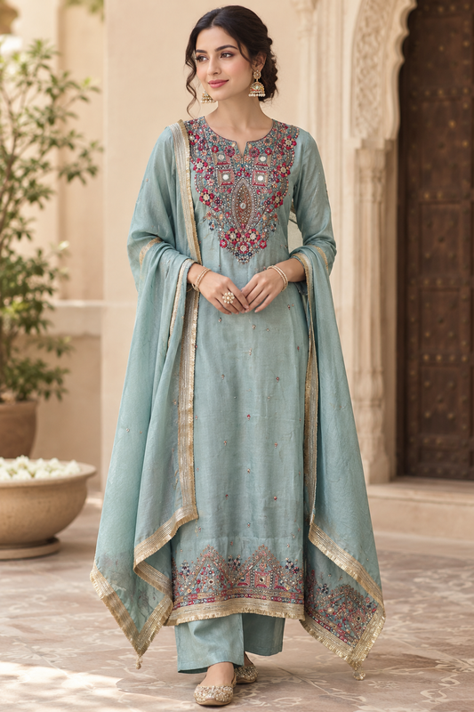 Premium Shimmer Silk Unstitched Designer Suit Set