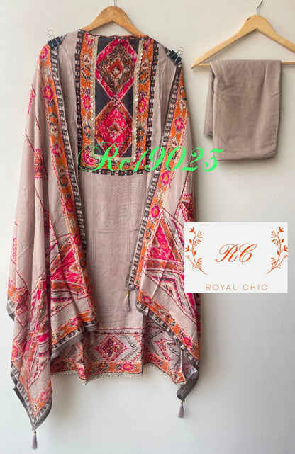Wrinkled self muslin printed unstitched ladies suit Rc19023