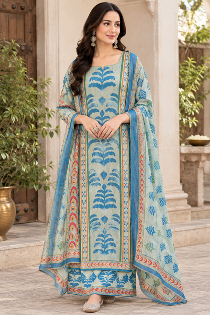 Shimmer Linen Printed Unstitched Designer Suit Set