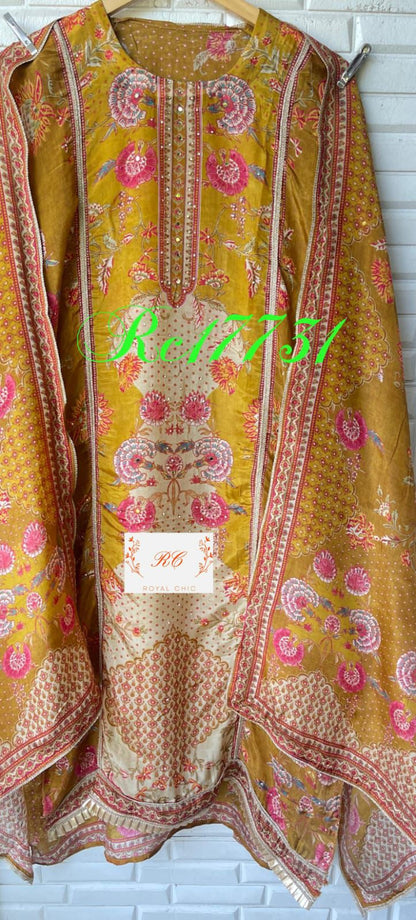 Crape satin unstitched ladies suit Rc17731