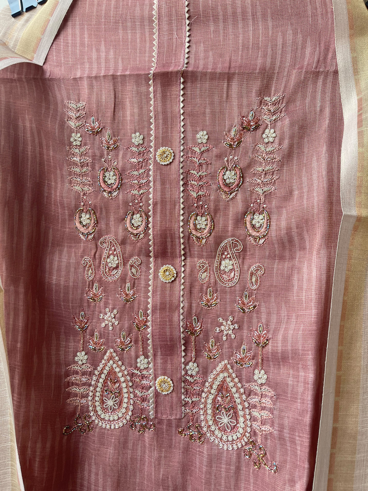Designer Shimmer Linen Embroidered 3 Pcs Unstitched Suit Set