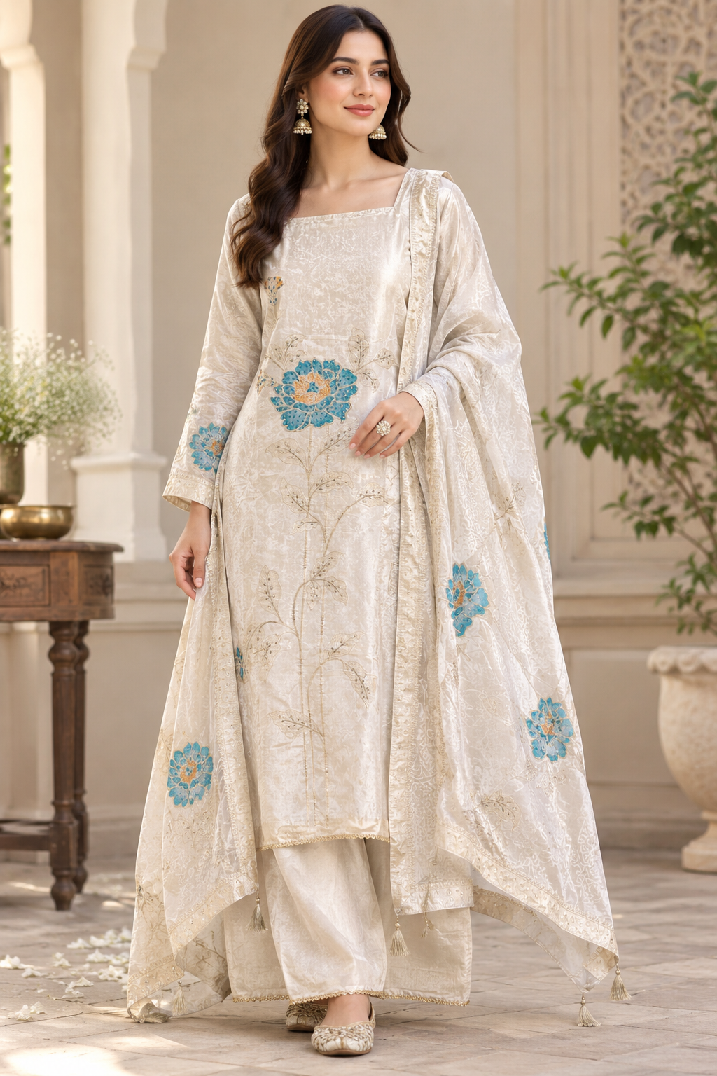 Elegant Shimmer Silk Embroidered Unstitched Designer Suit Set