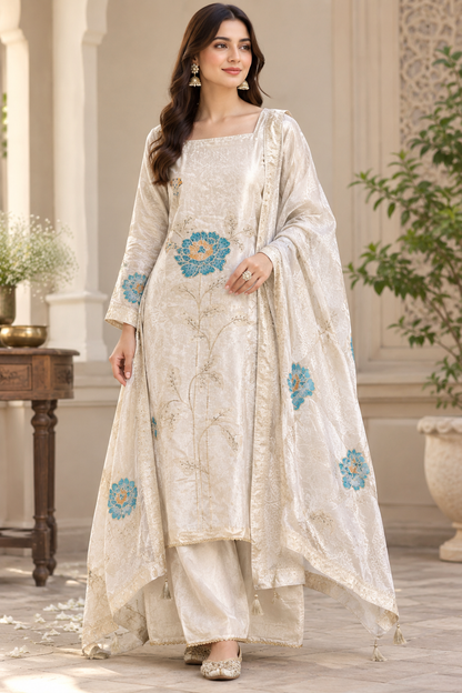 Elegant Shimmer Silk Embroidered Unstitched Designer Suit Set
