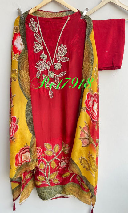 Satin crape unstitched ladies suit Rc17918