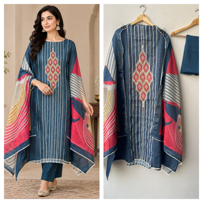 Designer Shimmer Linen Printed Unstitched 3 Pcs Suit Set