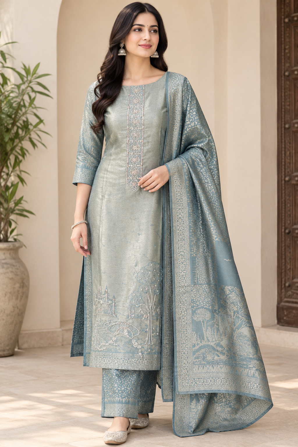 Premium Shimmer Giraffe Silk woven  Unstitched Designer Suit Set