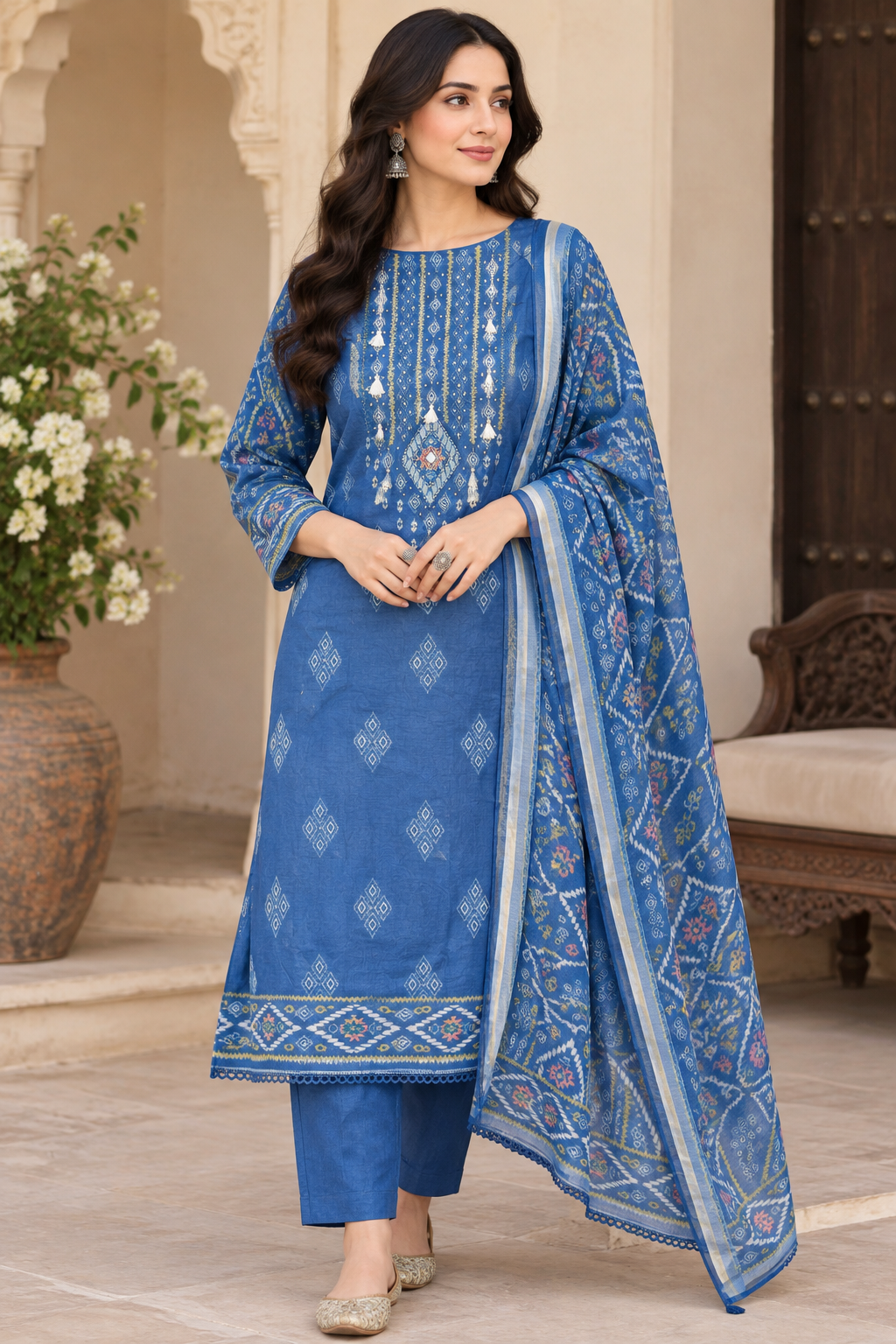 Elegant Mul Chanderi Maheshwari Printed Suit Set