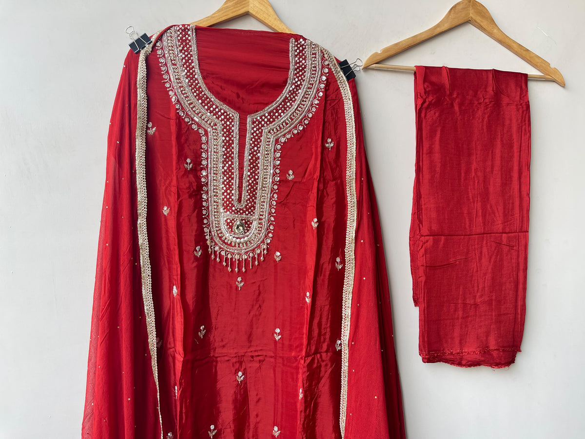 Crepe Satin 3 pcs Unstitched Designer Suit Set