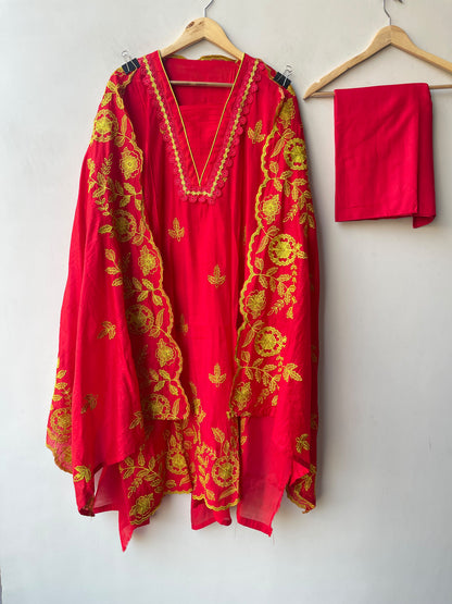 Designer Mul Chanderi 3 Pcs Unstitched Suit Set