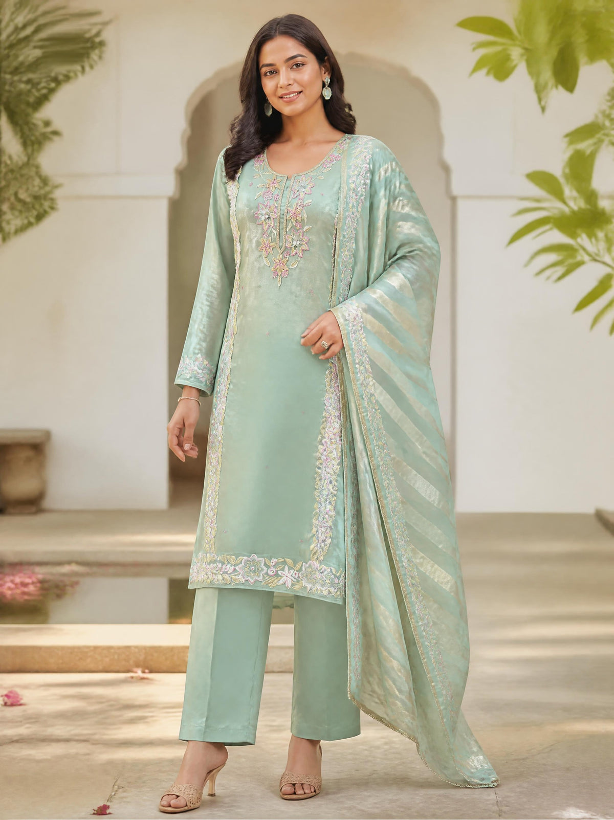 Designer Shimmer Organza Embroidered Unstitched 3pcs Suit Set
