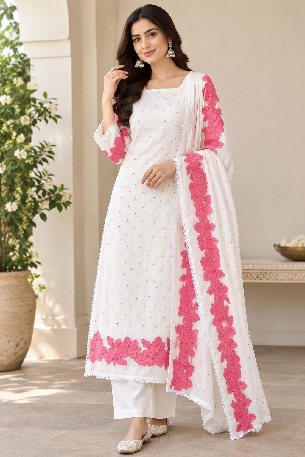 Mul Chanderi Cotton Resham Embroidered Unstitched Suit Set