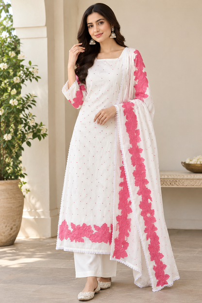 Mul Chanderi Cotton Resham Embroidered Unstitched Suit Set