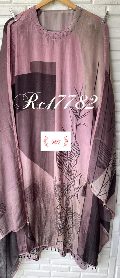 Satin crape unstitched ladies suit Rc17782