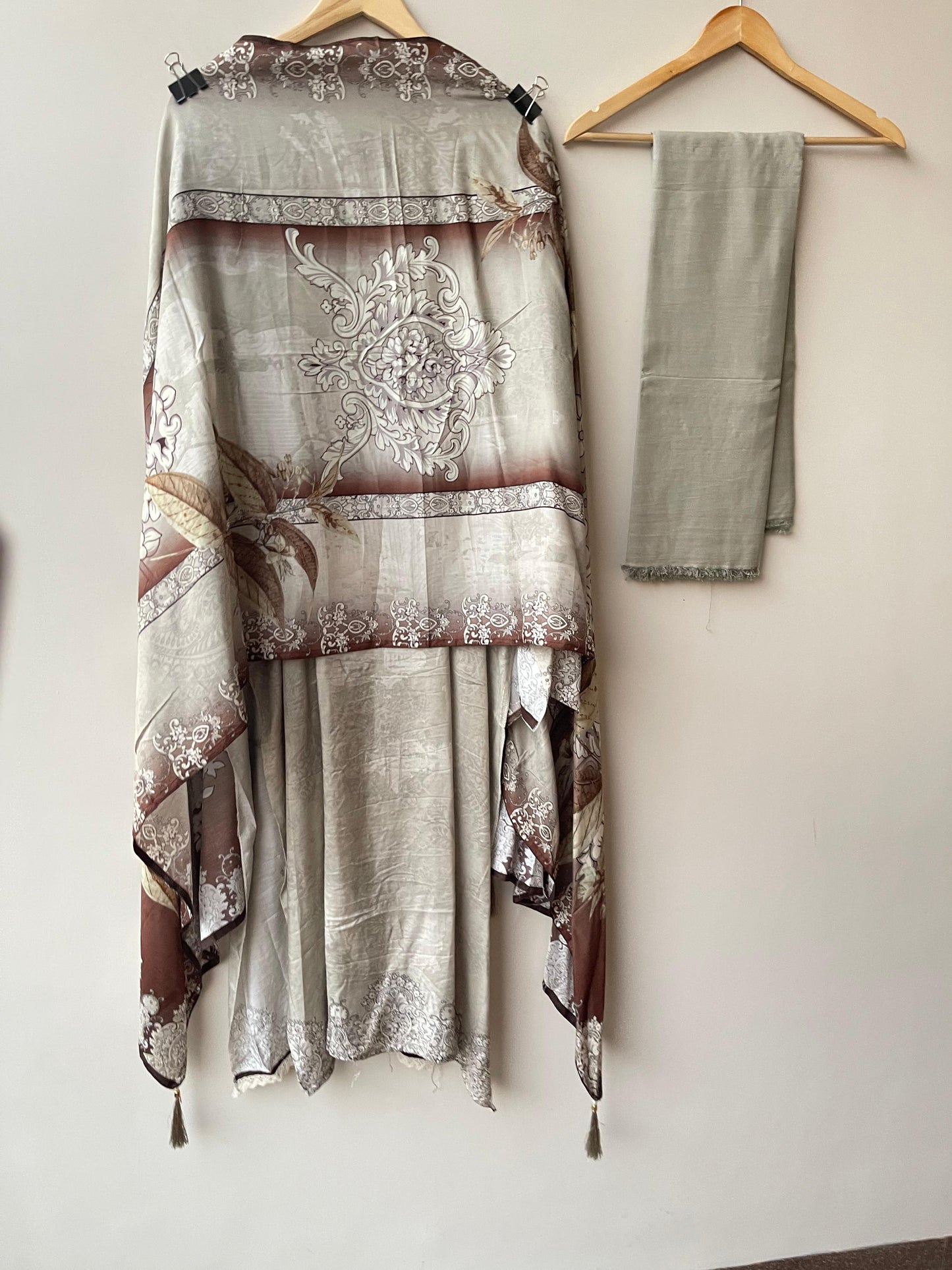 Self muslin printed unstitched salwar suit with beads, pearl and crochet work – RoyalChicByPriti