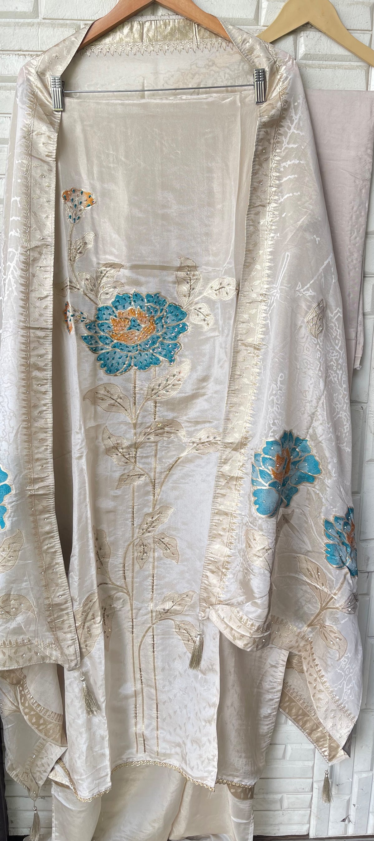 Elegant Shimmer Silk Embroidered Unstitched Designer Suit Set