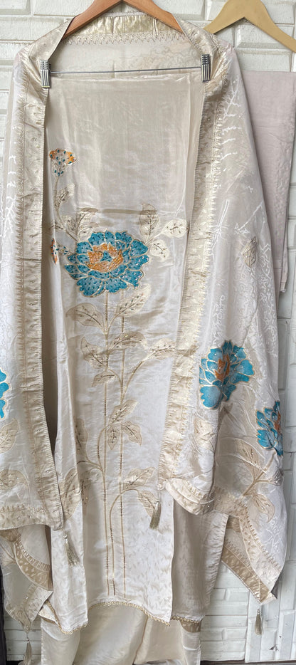 Elegant Shimmer Silk Embroidered Unstitched Designer Suit Set