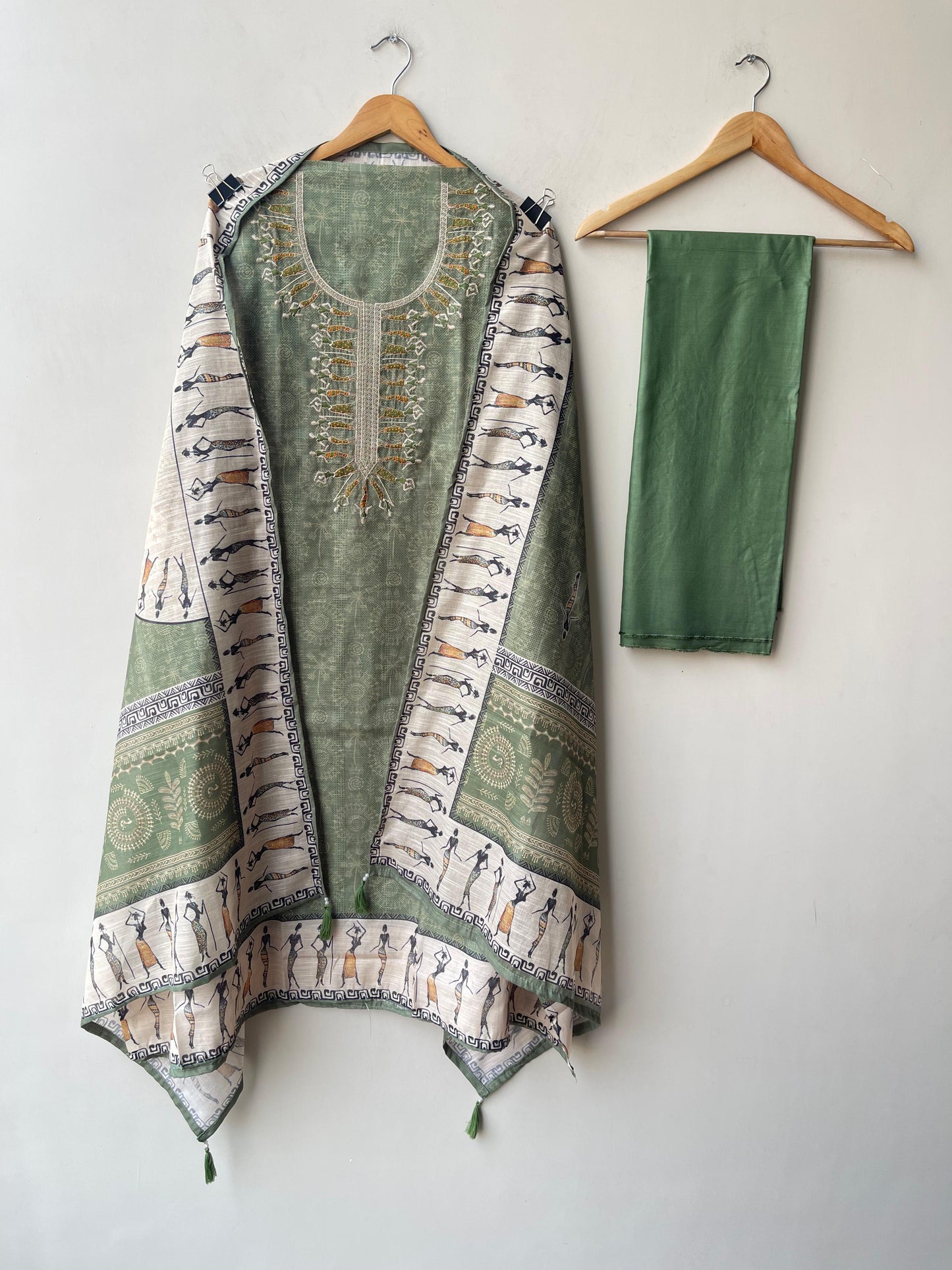 Worli art printed cotton linen unstitched ladies suit
