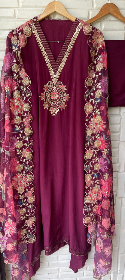 Crepe satin unstitched ladies suit Rc17681