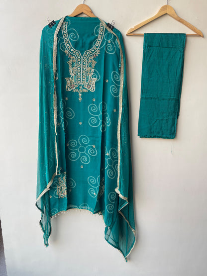 Premium Bandani Printed Organza Unstitched 3 Pcs Designer Suit Set