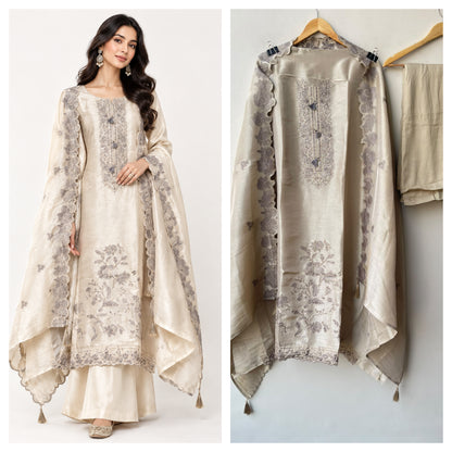 Premium Shimmer Silk Unstitched 3 Pcs Designer Suit Set