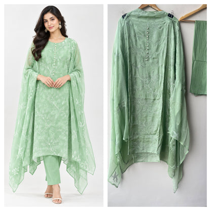 Premium Glass Organza Unstitched 3 Pcs Designer Suit Set