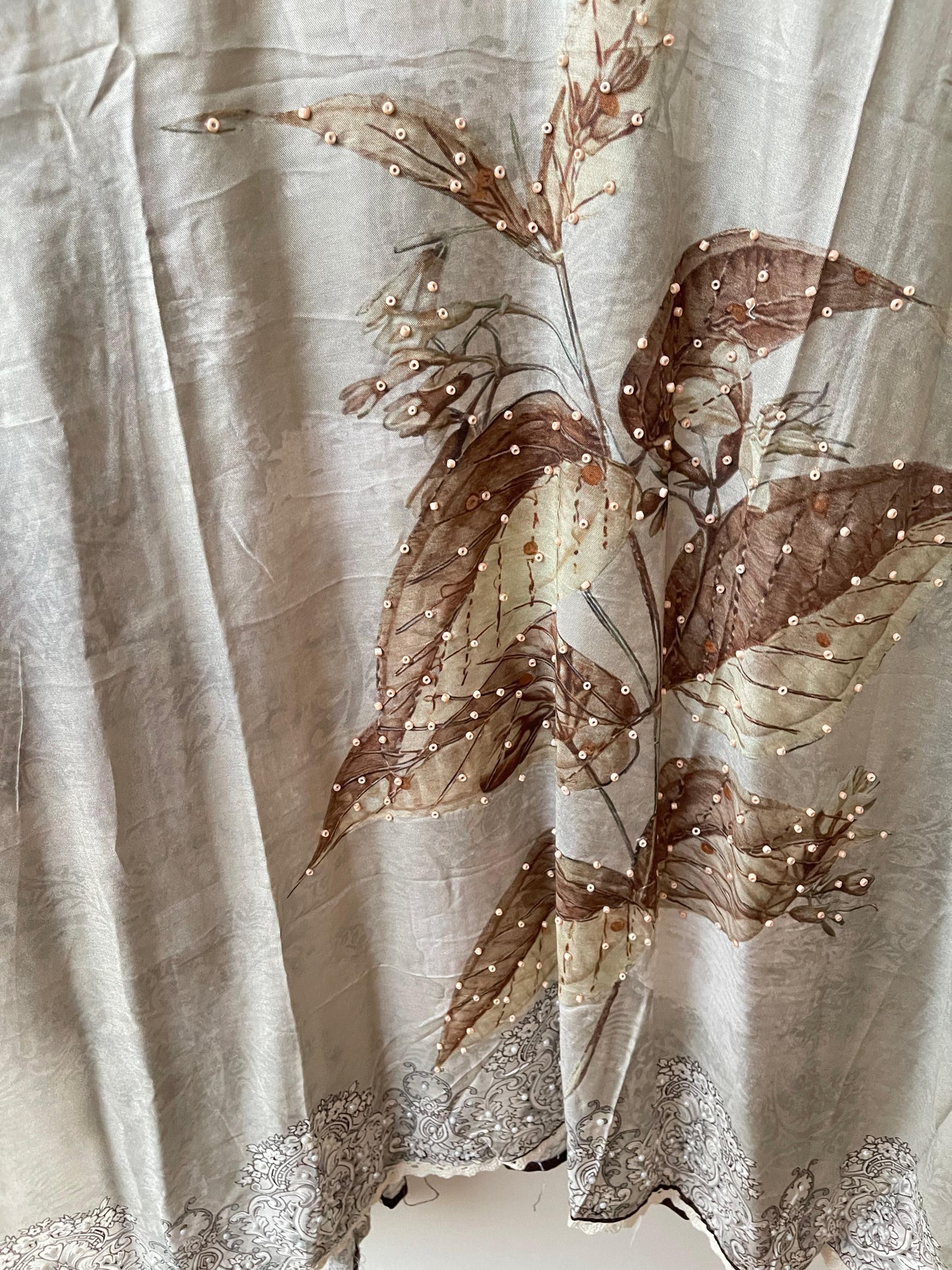 Self muslin printed unstitched salwar suit with beads, pearl and crochet work – RoyalChicByPriti