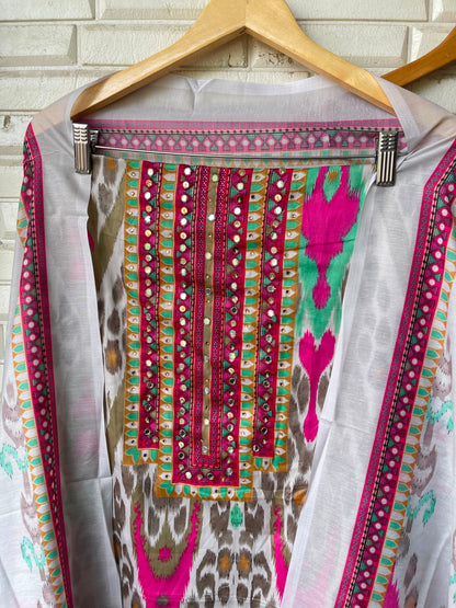 Mul chanderi cotton printed unstitched ladies suit Rc19297