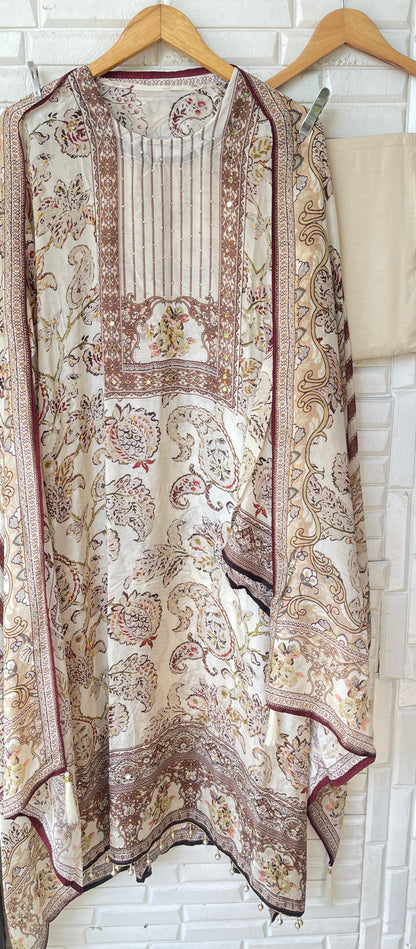 Satin crape unstitched ladies suit Rc17843