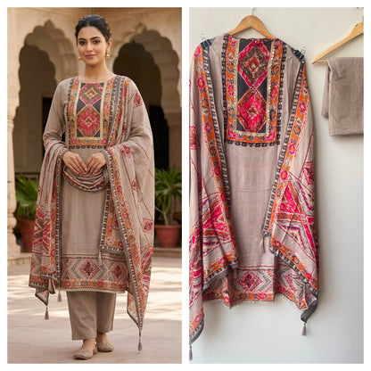 Wrinkled self muslin printed unstitched ladies suit Rc19023