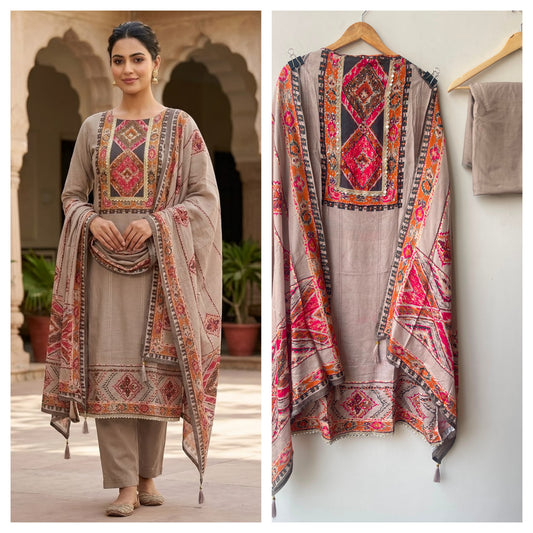 Wrinkled self muslin printed unstitched ladies suit Rc19023