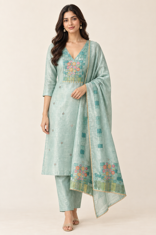 Exquisite shimmer Silk Printed Unstitched Designer 3 Pcs Suit Set