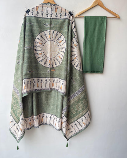 Worli art printed cotton linen unstitched ladies suit