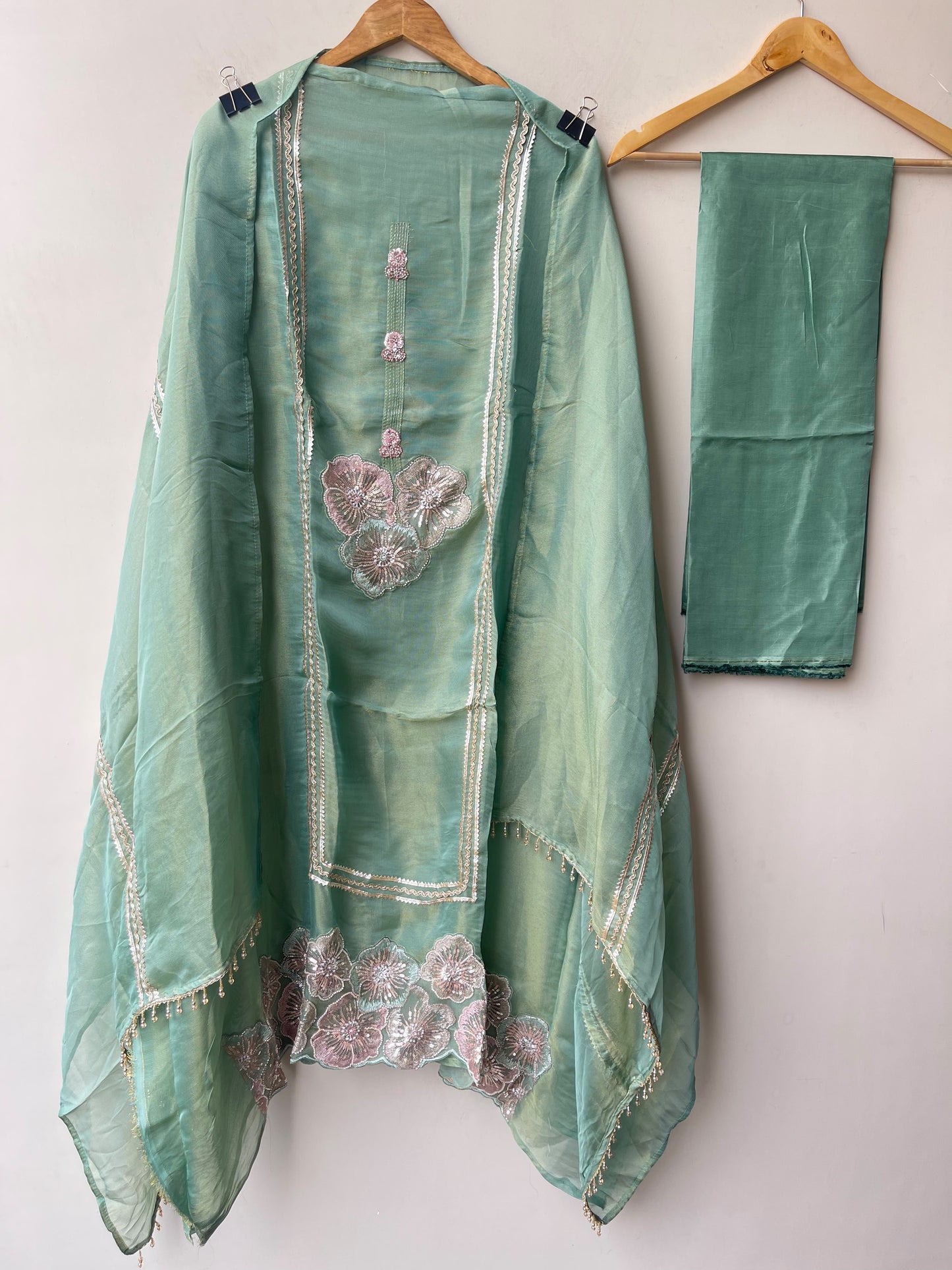 Two Stunning options ladies shimmer Organza Silk Unstitched Suit Sets