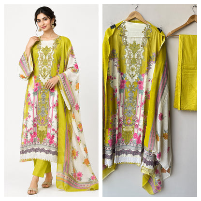Cotton Unstitched Printed 3 pcs Designer Suit Set