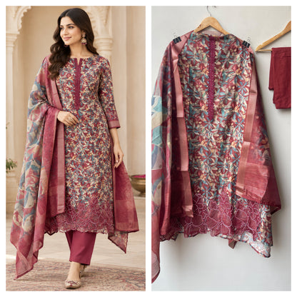 Premium Mul Chanderi 3 pcs Unstitched Printed Suit Set
