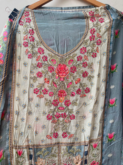 Pure crepe satin unstitched printed ladies suit Rc19215