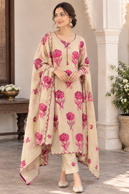 Mul Chanderi Resham Embroidered Unstitched Suit Set