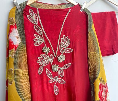 Satin crape unstitched ladies suit Rc17918