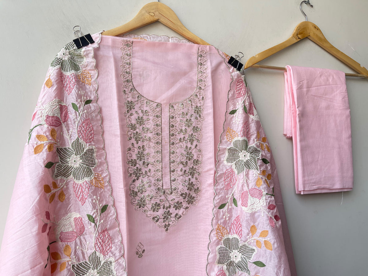 Mul Chanderi Embroidered unstitched ladies suit