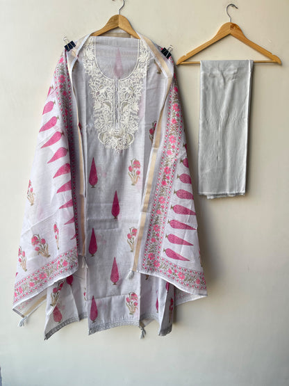 Premium Mul Chanderi Designer Unstitched 3Pcs Suit Set