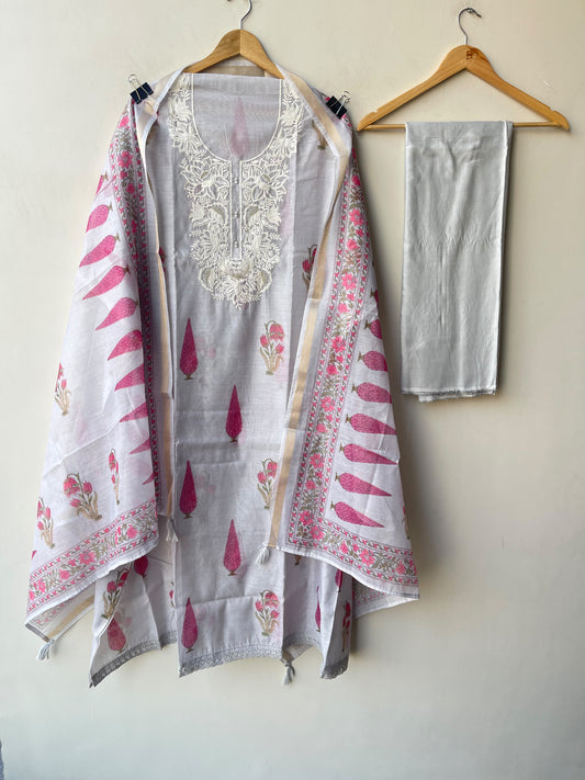 Premium Mul Chanderi Designer Unstitched 3Pcs Suit Set