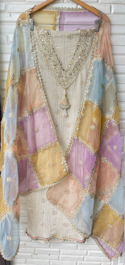 Crushed tissue silk unstitched ladies suit Rc17720