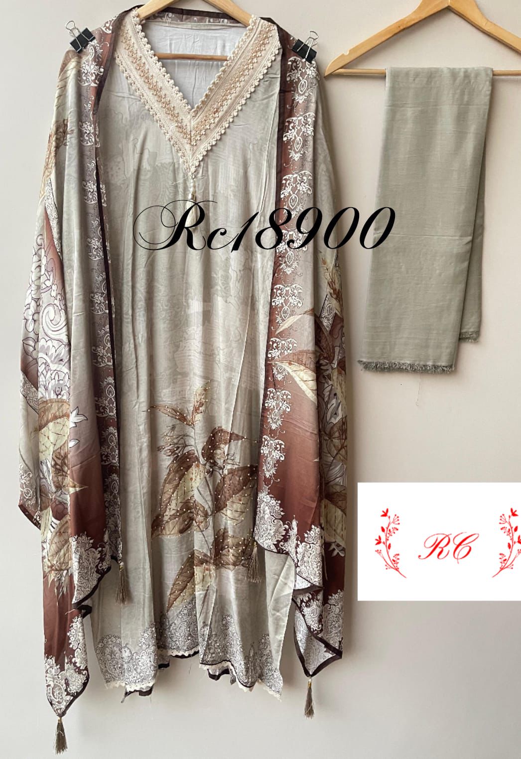 Self muslin printed unstitched salwar suit with beads, pearl and crochet work – RoyalChicByPriti