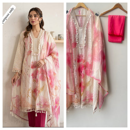 Mul chanderi brush painted weaving unstitched ladies suit Rc18963