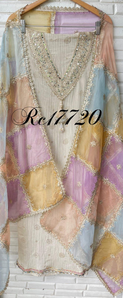 Crushed tissue silk unstitched ladies suit Rc17720